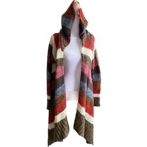 Y2K Hooded Striped Chunky Knit Oversized Cardigan Large Boho 2000s Fairy Grunge